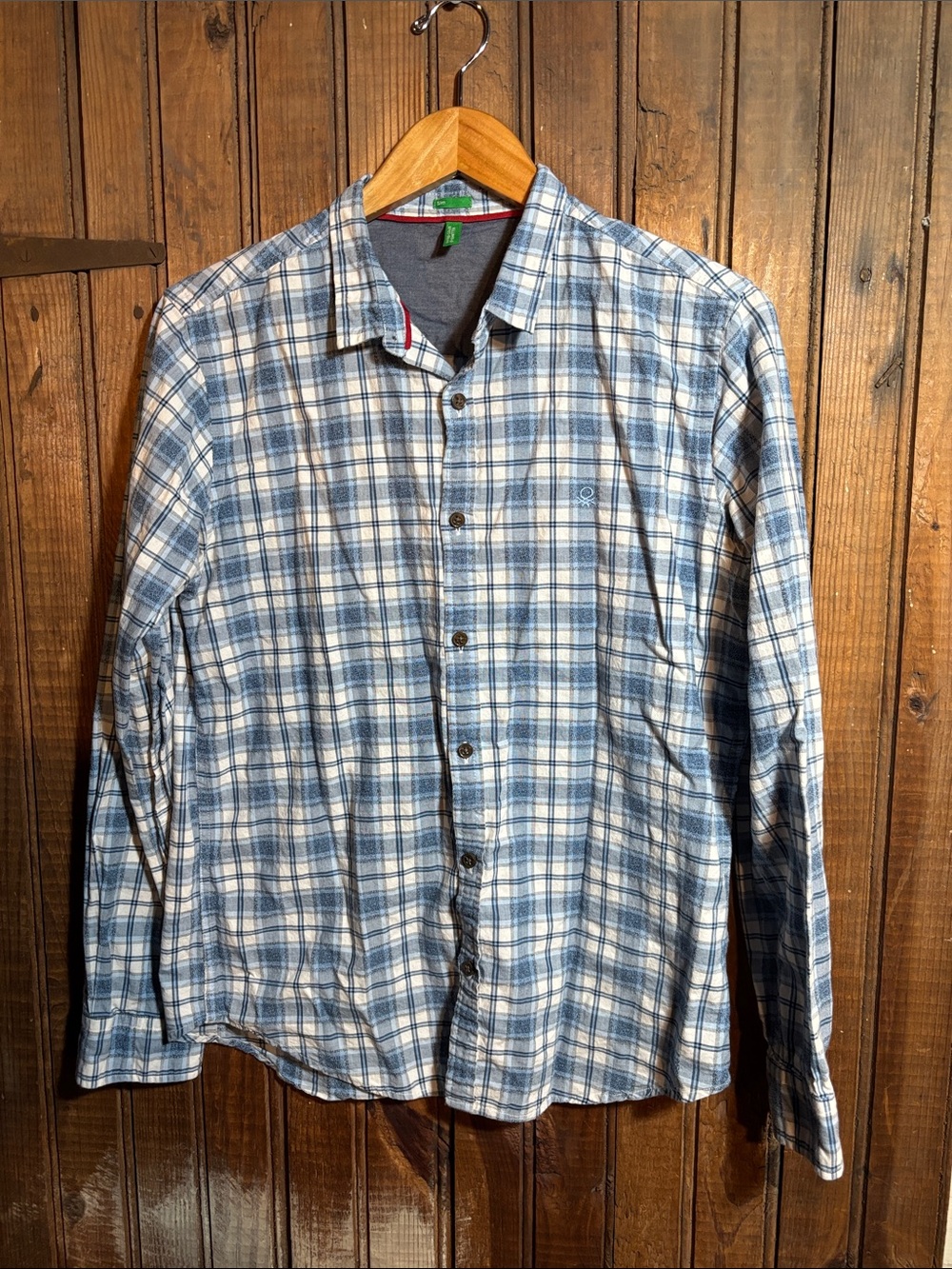 Men's Blue and White Plaid United Colors of Benetton Button-Up Shirt